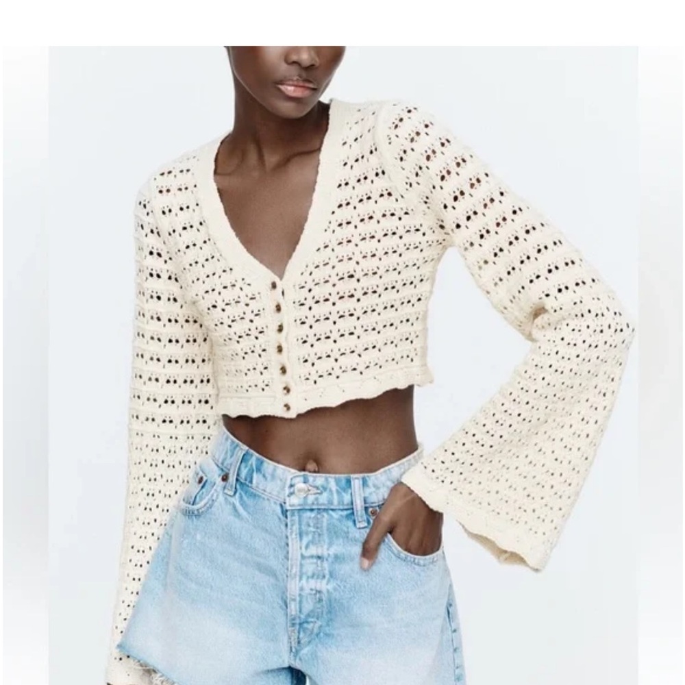 Zara Cardigan Open Knit Cropped Cream- S